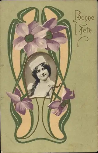 Jugendstil Präge Passepartout Ak Glückwunsch, Bonne Fete, Portrait einer Frau mit Mütze