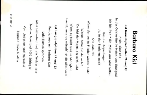 Ak Sängerin Barbara Kist, Portrait, Autogramm