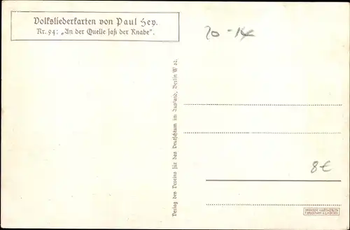 Lied Künstler Ak Hey, Paul, Volksliederkarte Nr. 94, An der Quelle saß der Knabe