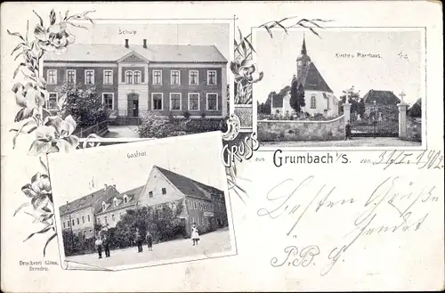 Ak Grumbach Wilsdruff Sachsen, Gasthof, Kirche, Schule, Pfarrhaus