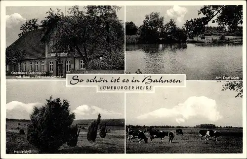 Ak Bahnsen Suderburg Niedersachsen, Gasthaus Dehrmann, Dorfteich, Heideidyll