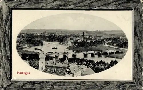 Präge Passepartout Ak Hattingen im Ennepe Ruhr Kreis, Vogelschau auf den Ort, Brücke