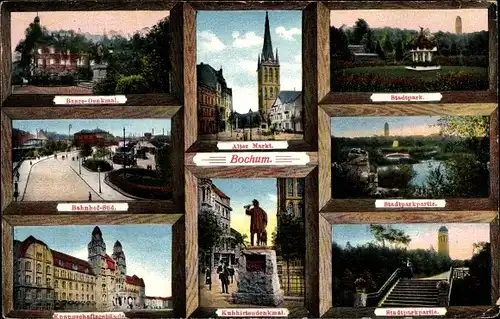 Ak Bochum im Ruhrgebiet, Baare Denkmal, Bahnhof Süd, Knappschaftsgebäude, Alter Markt