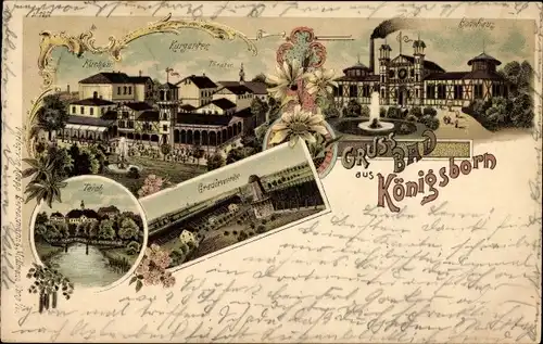 Litho Königsborn Unna im Ruhrgebiet, Kurgarten, Theater, Teich, Gradierwerk, Badehaus