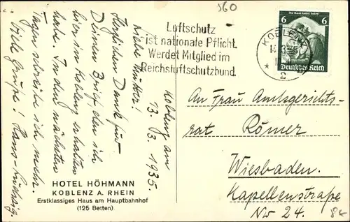 Künstler Ak Koblenz in Rheinland Pfalz, Hotel Höhmann, Außenansicht