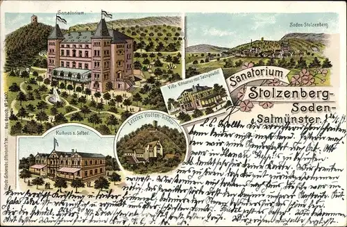 Litho Bad Soden Salmünster im Kinzigtal Hessen, Sanatorium Stolzenberg, Villa Vitriarius,Salzsprudel