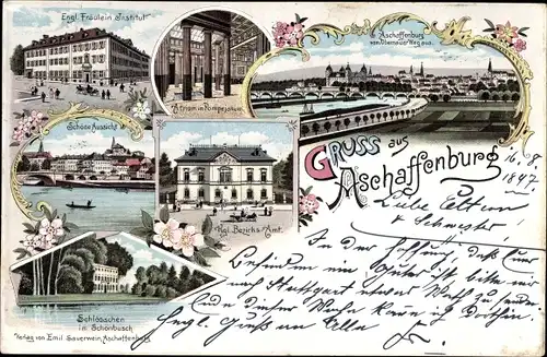 Litho Aschaffenburg Unterfranken Bayern, Engl. Fräulein Institut, Bezirksamt