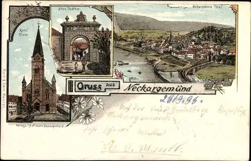 Litho Neckargemünd in Baden Württemberg, Kath. Kirche, Altes Stadttor, Totalansicht