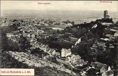 Ak Wachenheim an der Weinstraße in Rheinland Pfalz, Totalansicht vom Ort mit Wachtenburg, Vogelschau