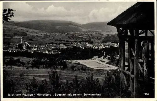 Ak Mönchberg im Spessart in Bayern, Blick vom Pavillon zum Ort und auf das Schwimmbad