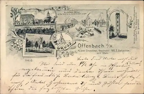 Ak Offenbach am Main Hessen, Schloss, Kriegerdenkmal, Aussichtsturm, Händler mit Hund