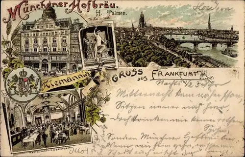 Litho Frankfurt am Main, Münchener Hofbräu, Speisesaal, Totalansicht mit Main