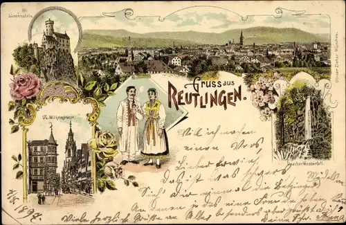 Litho Reutlingen in Baden Württemberg, Totalansicht, Uracher Wasserfall, Wilhelmstraße, Schloss