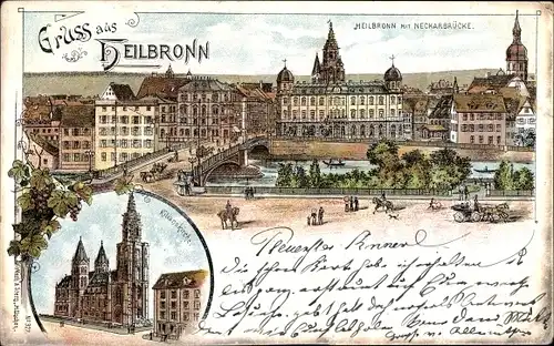 Litho Heilbronn in Baden Württemberg, Ort mit Neckarbrücke, Kilianskirche