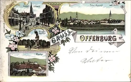 Litho Offenburg im Schwarzwald Ortenaukreis, Hauptstraße, Kriegerdenkmal, Kloster, Totalansicht