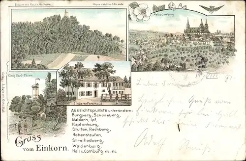 Litho Schwäbisch Hall in Baden Württemberg, Einkorn Forsthaus, Comburg, König Karl Turm
