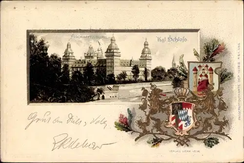 Präge Wappen Litho Aschaffenburg Unterfranken Bayern, Blick auf das Schloss