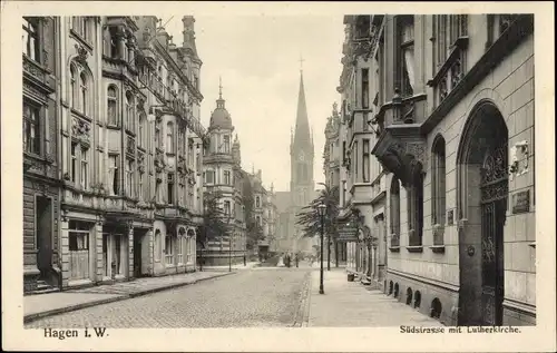 Ak Hagen in Westfalen Ruhrgebiet, Südtstraße mit Lutherkirche, Kolonialwaren von G. Hasenkamp