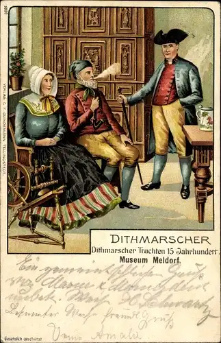 Litho Meldorf in Dithmarschen, Dithmarscher Volkstracht, Stube, Spinnrad, Pfeife rauchend