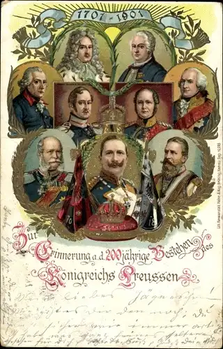 Präge Litho 200 Jahre Königreich Preußen 1701-1901, Kaiser Wilhelm II, König Friedrich II