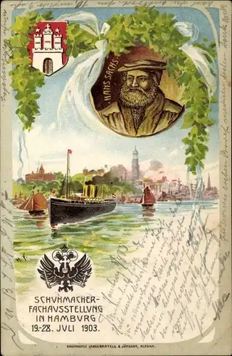 Litho Hamburg Mitte St. Pauli, Hans Sachs, Schumacher Fachausstellung in Hamburg 19.-28.Juli 1903