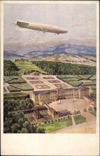 Künstler Ak Ruep, Wien 13. Hietzing, Zeppelin Schütte Lanz über dem Schloss Schönbrunn, SL 2