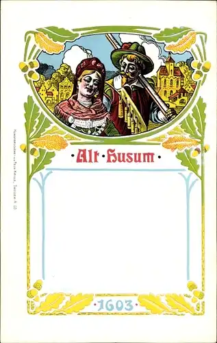 Ak Husum in Nordfriesland, Alt Husum Anno 1603, Mann und Frau in Trachten