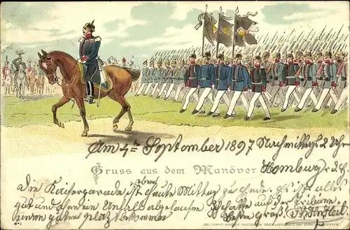 Litho Gruß aus dem Manöver, Deutsche Soldaten in Uniformen, Fahnen