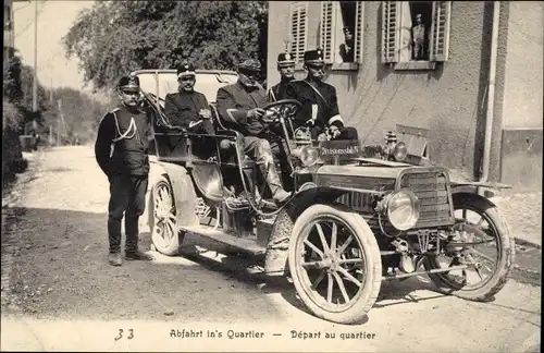 Ak Schweizer Soldaten, Abfahrt ins Quartier, Automobil