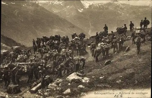 Ak Schweizer Soldaten, Gebirgsartillerie, Marschhalt