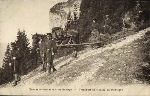 Ak Schweizer Soldaten, Verwundetentransport im Gebirge