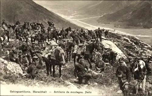Ak Schweizer Soldaten, Gebirgsartillerie, Marschhalt