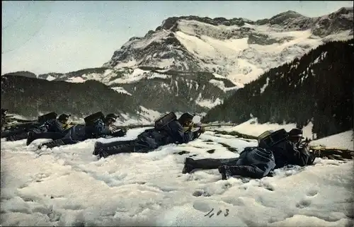 Ak Schweizer Soldaten, Frontpatrouille am Gegner, Winteransicht