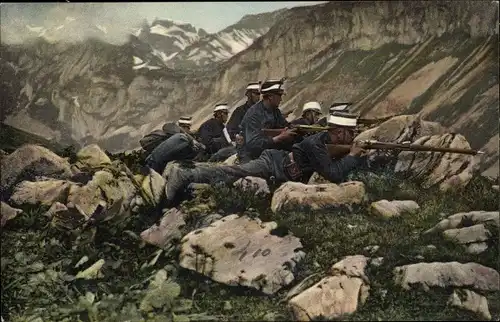 Ak Unterschächen Kanton Uri, Schweizer Soldaten, Verteidiger in Stellung auf der Ruosalp