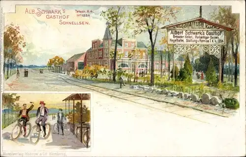 Litho Hamburg Eimsbüttel Schnelsen, Gasthof, Radfahrer, Schnellsen