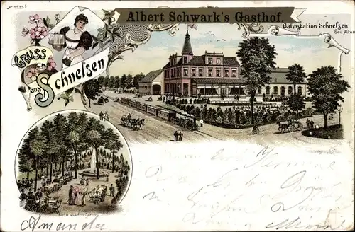 Litho Hamburg Eimsbüttel Schnelsen, Gasthof, Gartenpartie, Kellnerin