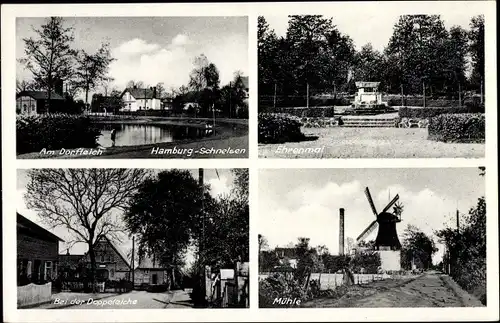 Ak Hamburg Eimsbüttel Schnelsen, Windmühle, Dorfteich, Doppeleiche, Ehrenmal