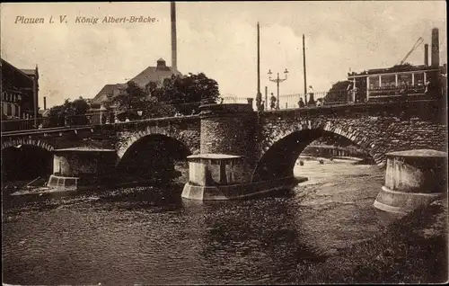 Ak Plauen im Vogtland, König Albert-Brücke, Straßenbahn