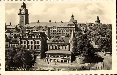 Ak Plauen im Vogtland, Tunnel und Rathaus, Optiker Sydow, Paulaner Thomasbräu