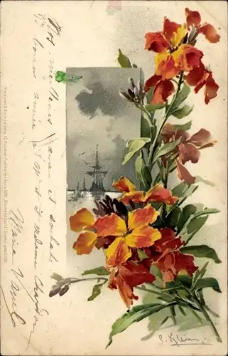 Künstler Litho Klein, Catharina, Schiff, Blumen, Meissner & Buch 1095