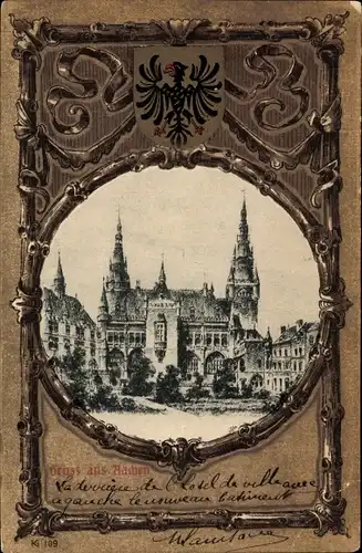 Passepartout Ak Aachen in Nordrhein Westfalen, Rathaus, Präge Wappen