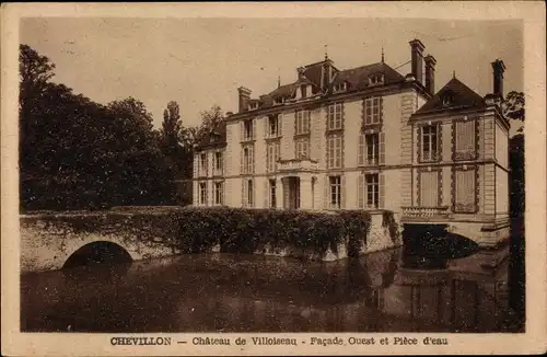 Ak Chevillon sur Huillard Loiret, Chateau de Villoiseau, Facade Ouest et Piece d'eau