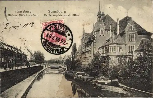 Ak Strasbourg Straßburg Elsass Bas Rhin, Höhere Mädchenschule, Brücke