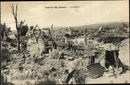 Ak Corbeny Aisne, Chemin des Dames, zerstörte Häuser