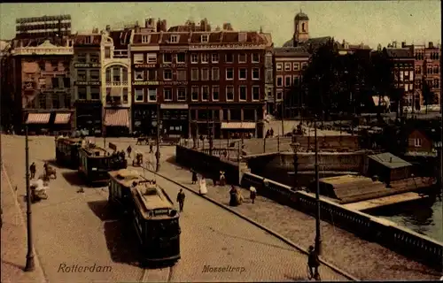 Ak Rotterdam Südholland Niederlande, Mosseltrap, Straßenbahnen