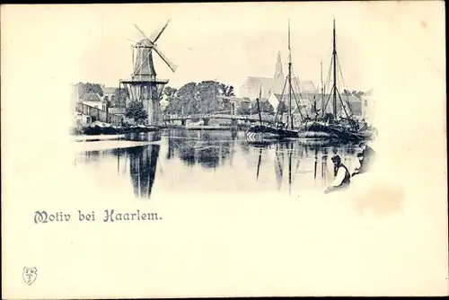 Ak Haarlem Nordholland Niederlande, Windmühle, Schiffe, Brücke