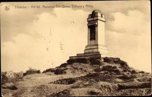 Ak Zillebeke Westflandern, Hill 60. Memorial The Queen Victoria's Rifles