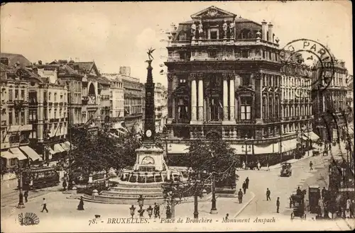 Ak Bruxelles Brüssel, Place de Brouchere et Monument Anspach, Säule