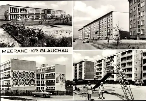 Ak Meerane in Sachsen, Wohnsiedlung, Hochhäuser, Spielplatz, Schule, Kindergarten