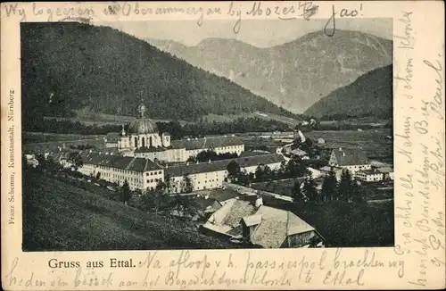 Ak Ettal Oberbayern, Panorama, Kloster, Benediktinerabtei